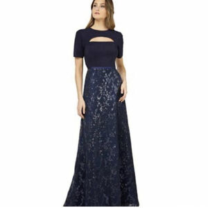 KAY UNGER Sequin Gown Cut-Out Detail Navy Blue Size 2